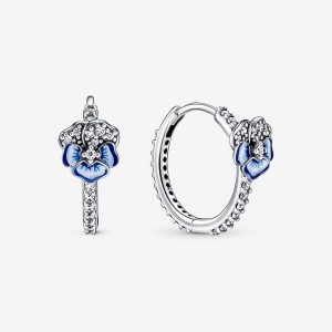Pandora Blue Pansy Flower Hoop Earrings Sterling Silver | IXFTQ-0731