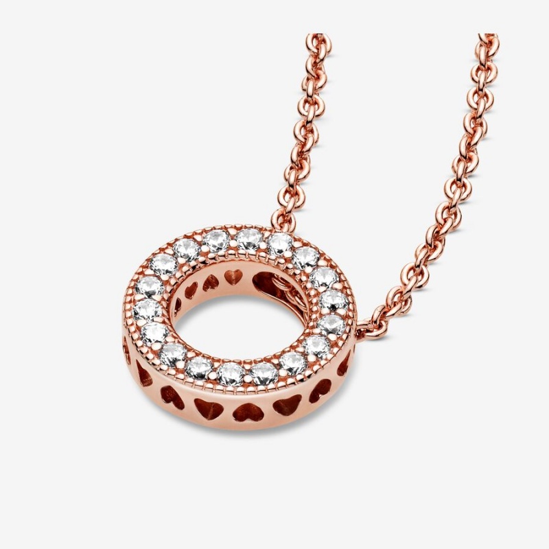 Pandora Logo Pavé Circle Collier Pendant Necklaces Rose Gold Plated | NPITQ-4501